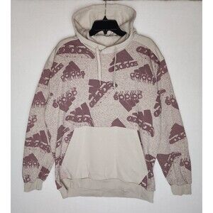 Adidaa Hoodie Men XL Essentials Brandlove Fleece All Over Print Cream Mens XL